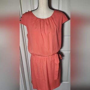 Guess Coral Cap Sleeve Dress Tie Waist Gold Button Shoulder Size M